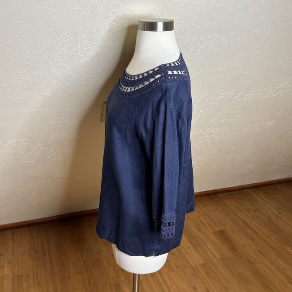 J Jill Love Linen Top Small Petite Navy Blue 3/4 Sleeve Crochet Lace Boxy - Picture 4 of 7